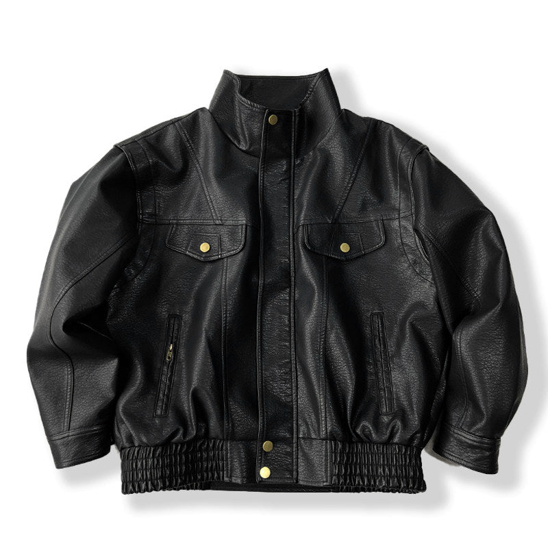 American Vintage Pebbled Leather Moto Jacket – Oversized Stand Collar Men's Coat