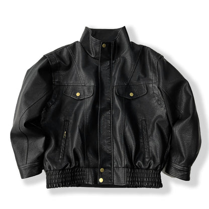 American Vintage Pebbled Leather Moto Jacket – Oversized Stand Collar Men's Coat