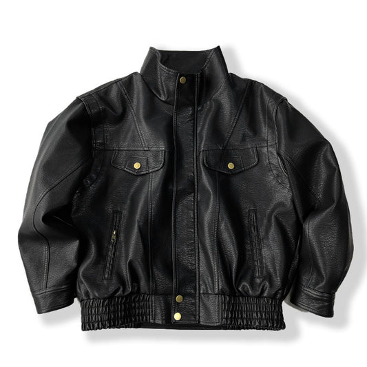 American Vintage Pebbled Leather Moto Jacket – Oversized Stand Collar Men's Coat – Japanese vintage | yamalin clothes | Yamalinclothes
