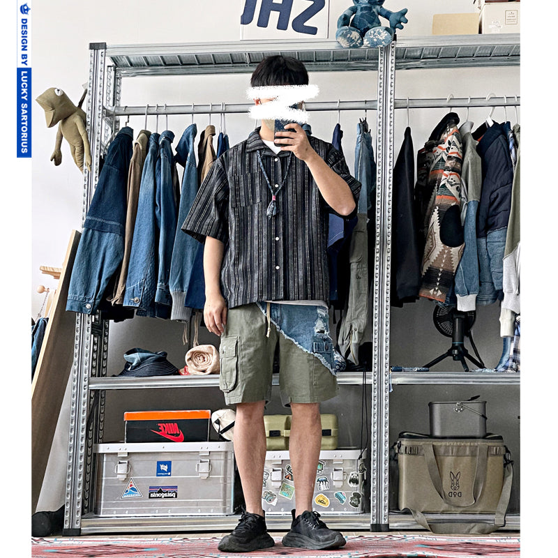 Japanese retro summer men's cotton loose Cuban collar striped short-sleeved shirt