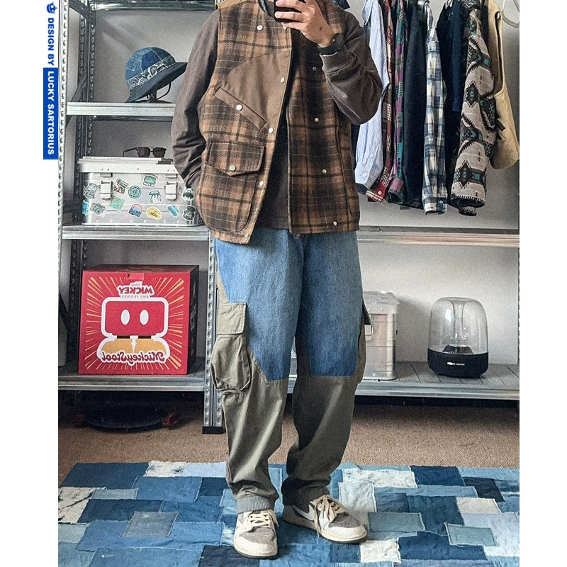 Personality original men's wear deconstructed multi-material stitching element style washed multi-pocket cargo pants casual pants men's trend