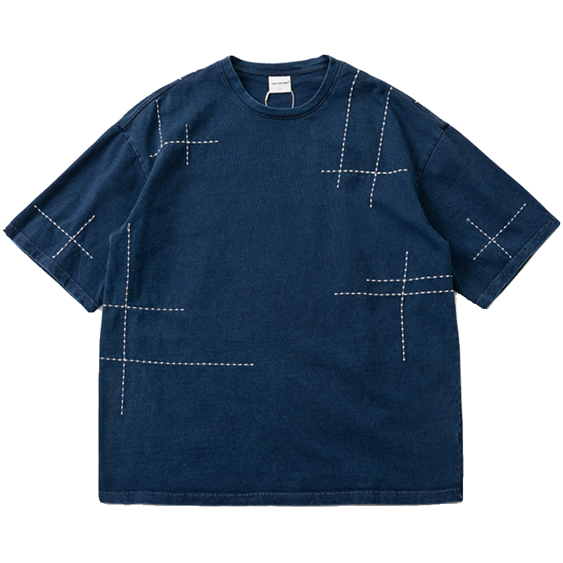 Vintage indigo washed thorn embroidery cotton loose short-sleeved T-shirt summer literary sense youth casual tee