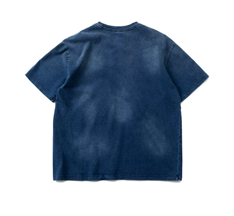 Japanese retro high grammage 320g washed indigo crew neck pullover short sleeve T-shirt English print T-shirt for men and women