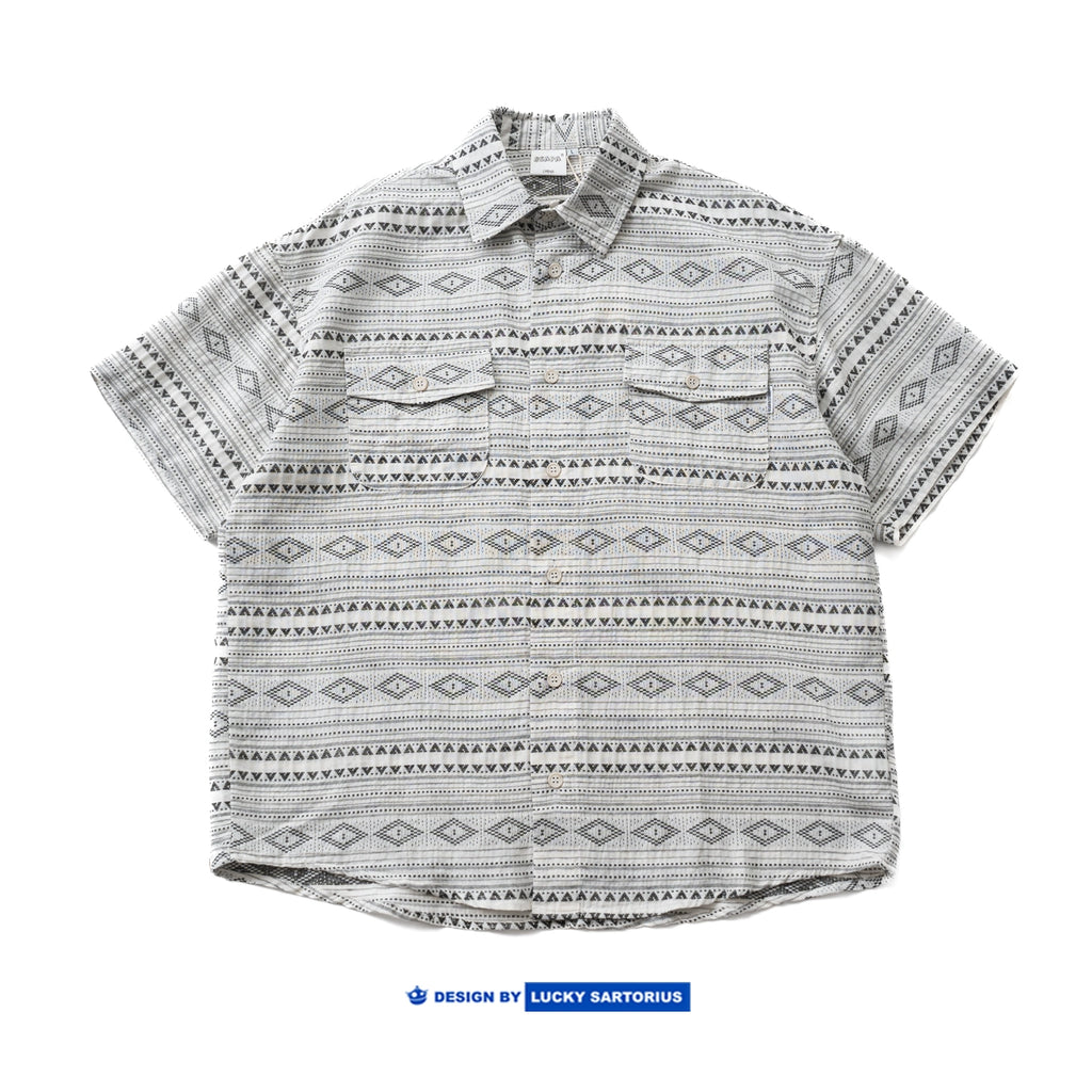 Japanese ethnic style, loose casual dropped shoulders, yarn-dyed cotton fabric, short-sleeved shirts, shirts, men's and women's jackets