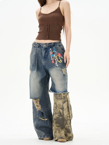 American retro print splicing camouflage jeans for men, handsome high-class street pants