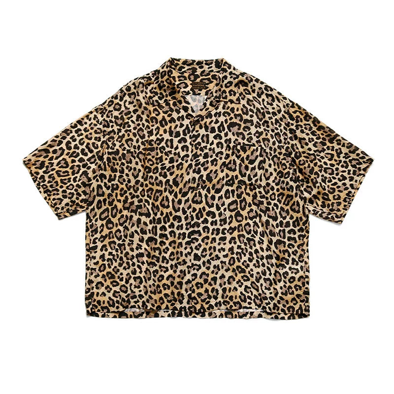 Japanese casual leopard print Hawaiian print Cuban collar loose short-sleeved shirt