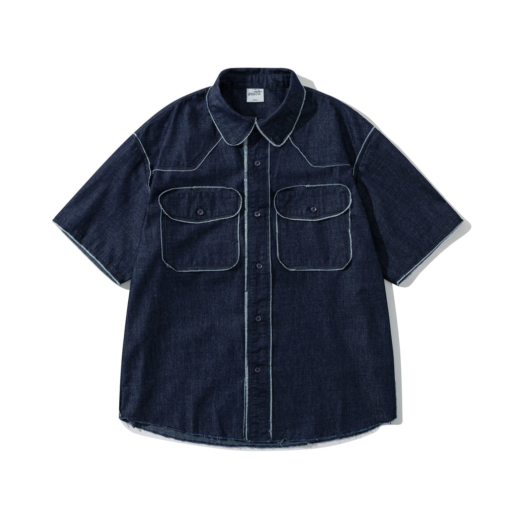 Spring/summer short-sleeved shirt men's linen tops with raw edges and pockets