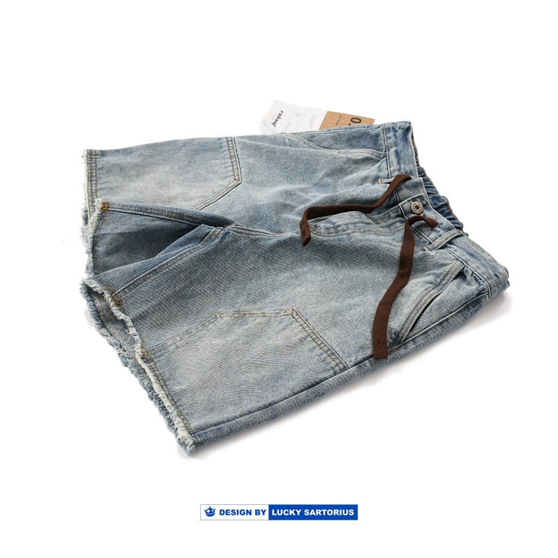 Washed denim elasticated waist shorts Japanese cargo uniform straight leg double knee logging jeans summer youth cropped pants men