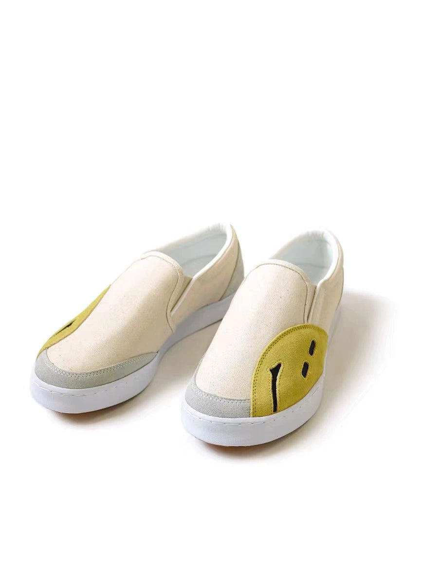 leather smiley patch stitching canvas flat one-legged loafers