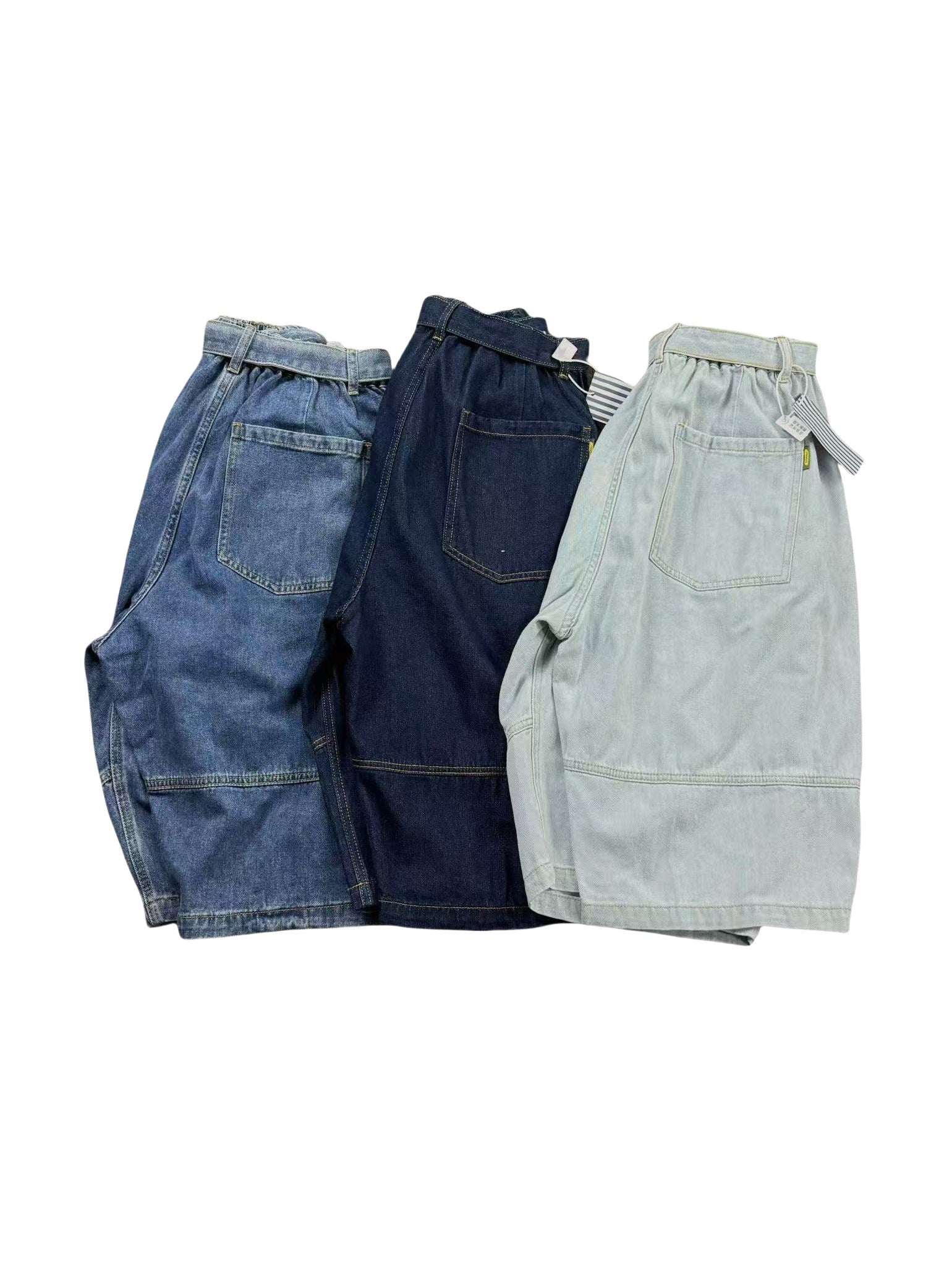 Japanese vintage washed distressed loose straight-leg denim shorts Cityboy high street elasticated waist casual shorts