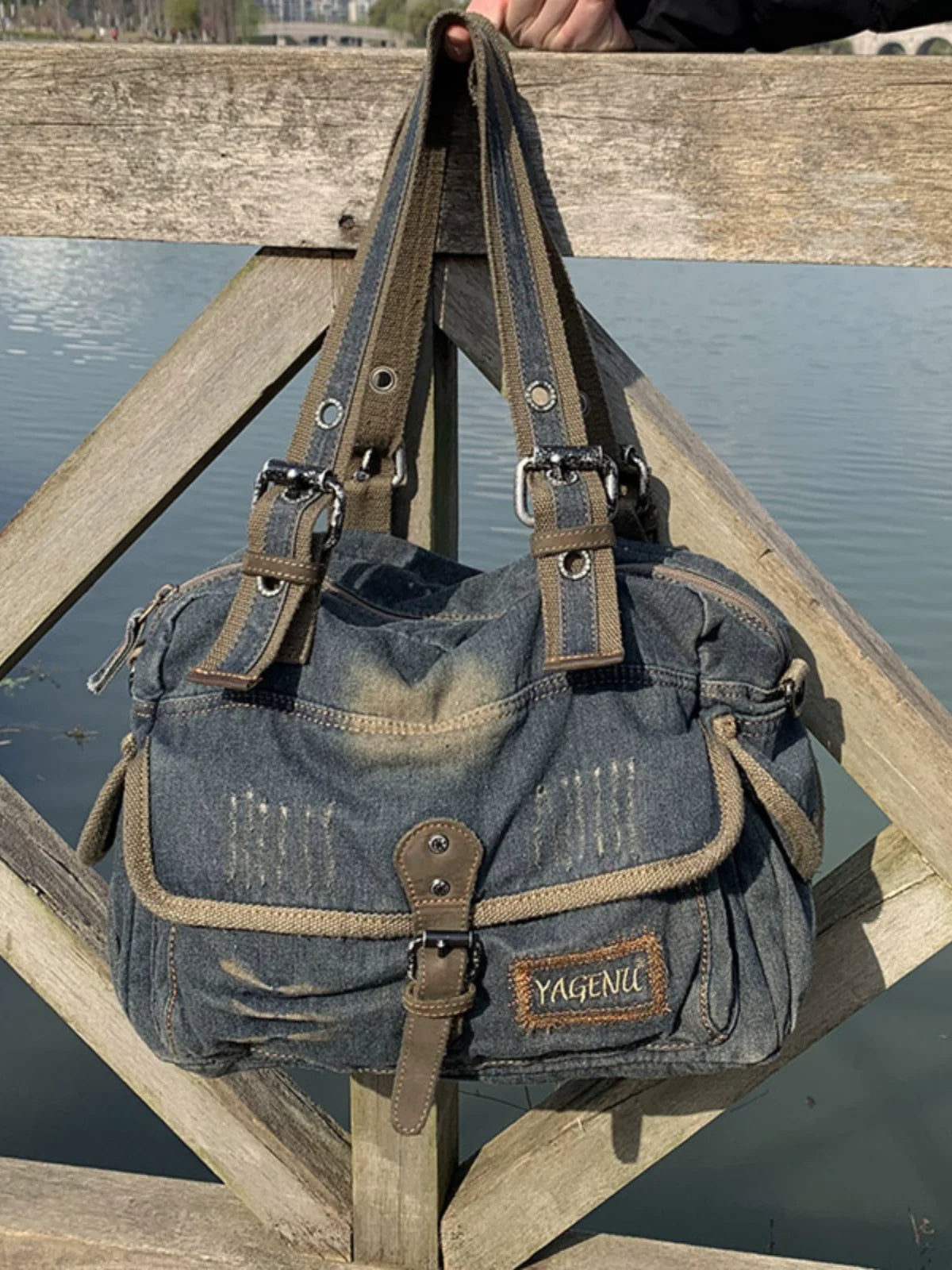 Washed Denim Leather Tote Bag – Vintage 3-Way Shoulder Crossbody Unisex – Bags | japanese streetwear | vintage workwear | unisex | Yamalinclothes