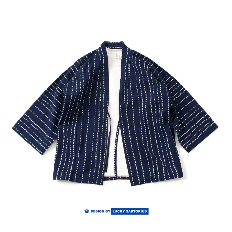 Japanese indigo drawing, striped three-quarter-sleeve kimono cardigan, jacket, men's summer thin loose casual sunscreen