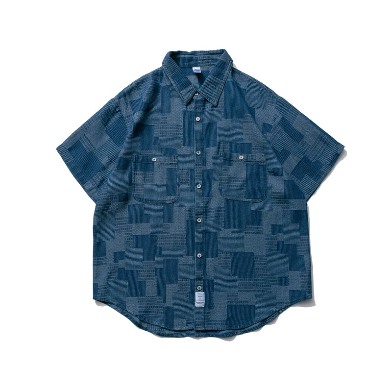 Japanese denim cargo shirt, distressed carat cloth blue-dyed short-sleeved shirt, retro loose shirt