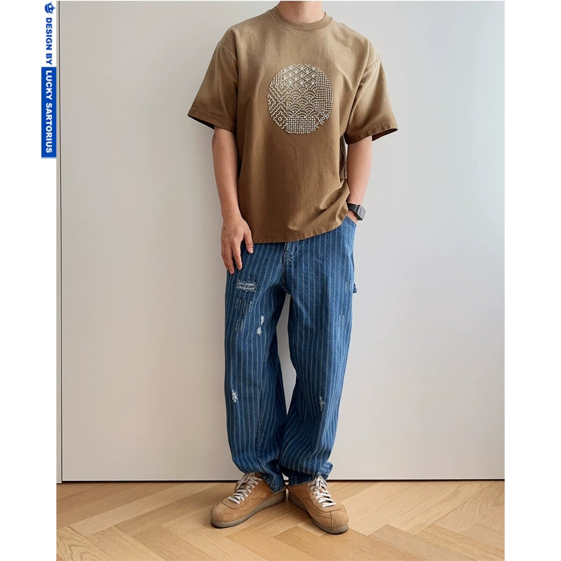 Japanese vintage Tee heavy gradient wash retro elements embroidery loose version round neck fit short sleeve T-shirt for men and women