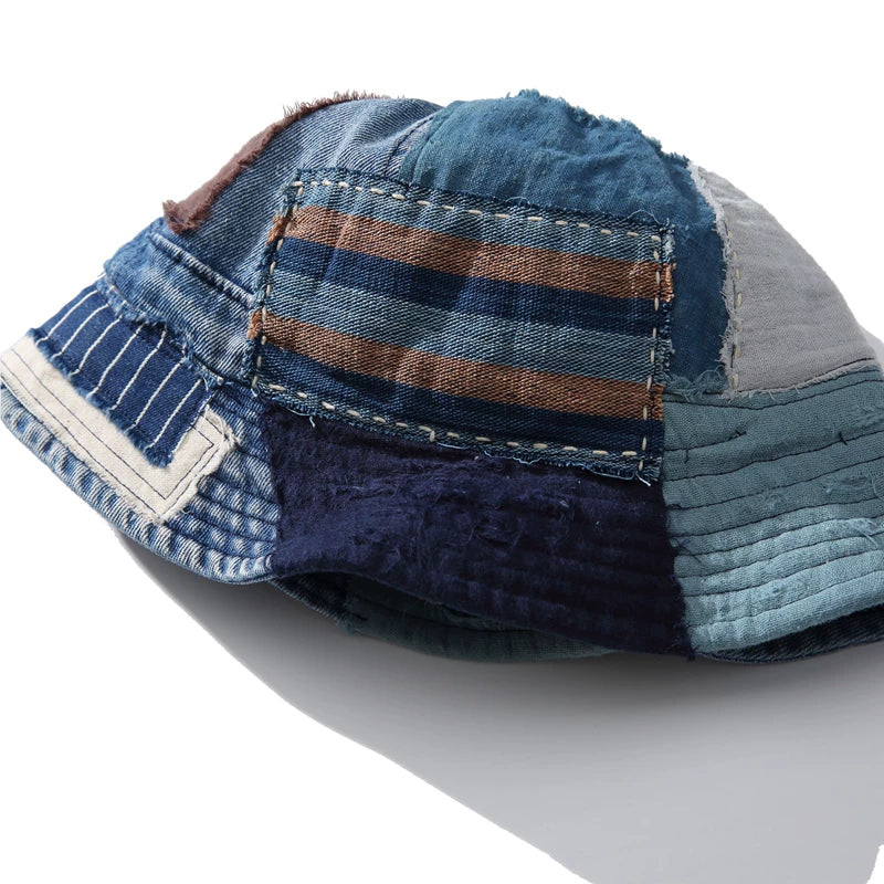 sakai kouiti handmade ancient cloth patchwork hat original design casual denim basin hat bucket hat
