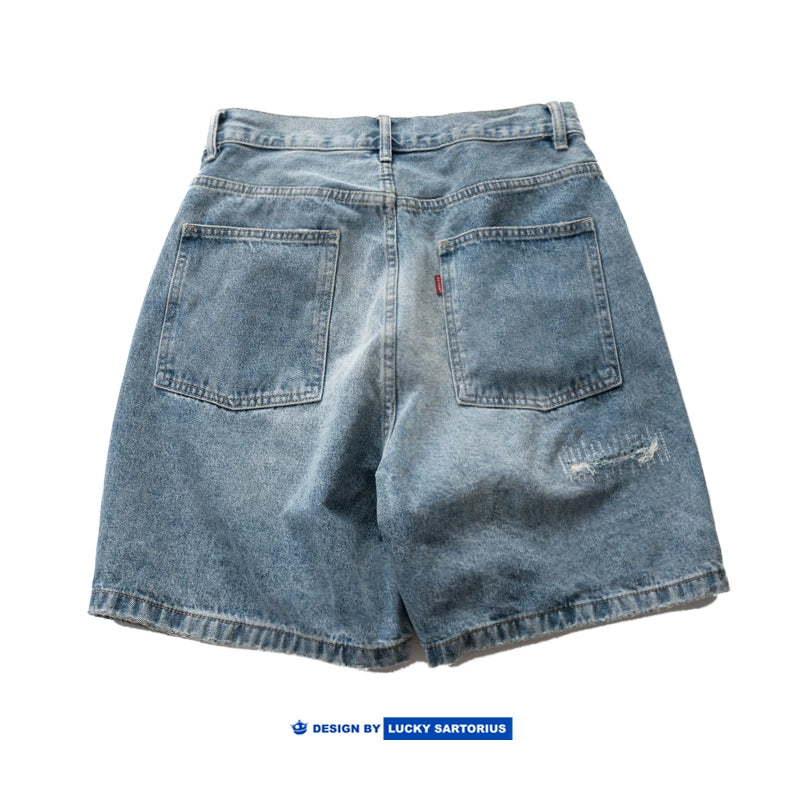 Japanese cityboy loose straight patch embroidered patch washed distressed denim shorts men's and women's trend