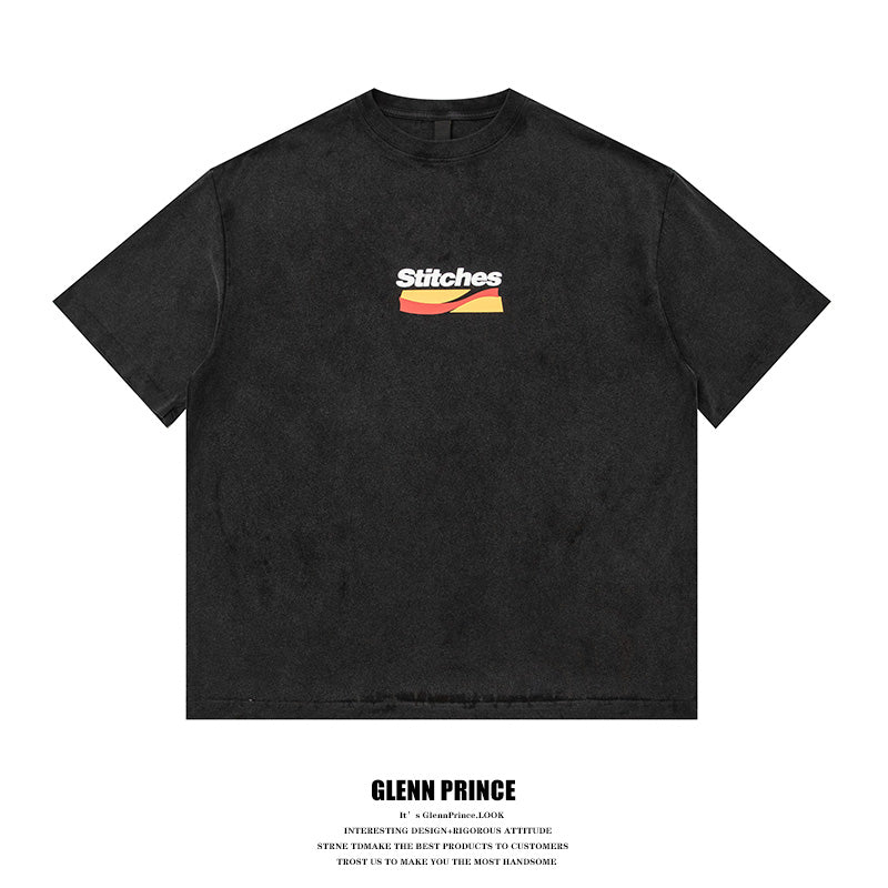 Japanese casual 320g heavy foam print washed short sleeve T-shirt men's summer half sleeve t-shirt