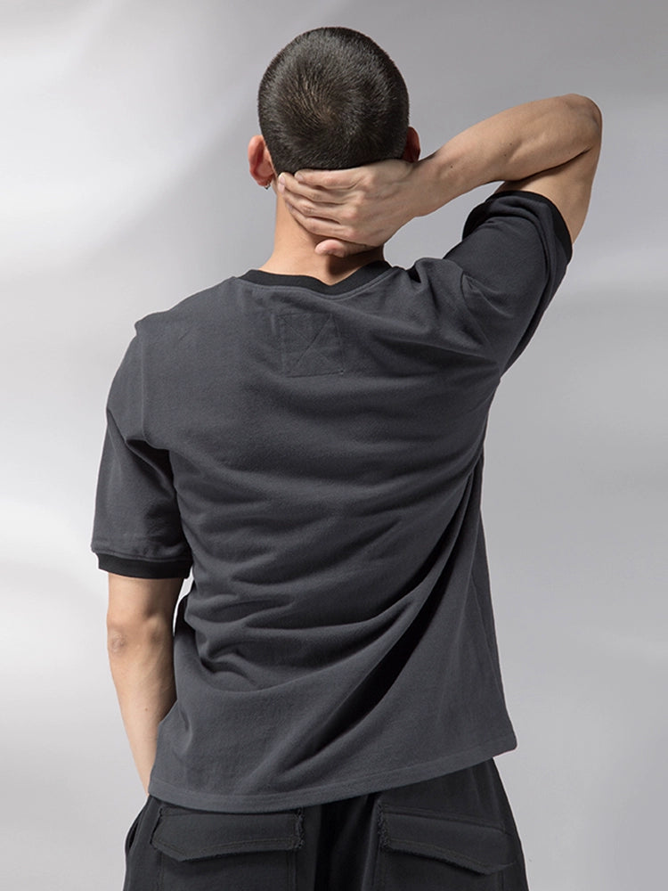 Original new men's casual knitted trendy brand ribbed short-sleeved fitted T-shirt