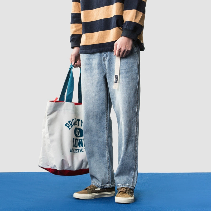 spring new men's clothing light-colored washed old men's tooling style wide-leg straight American jeans men's pants