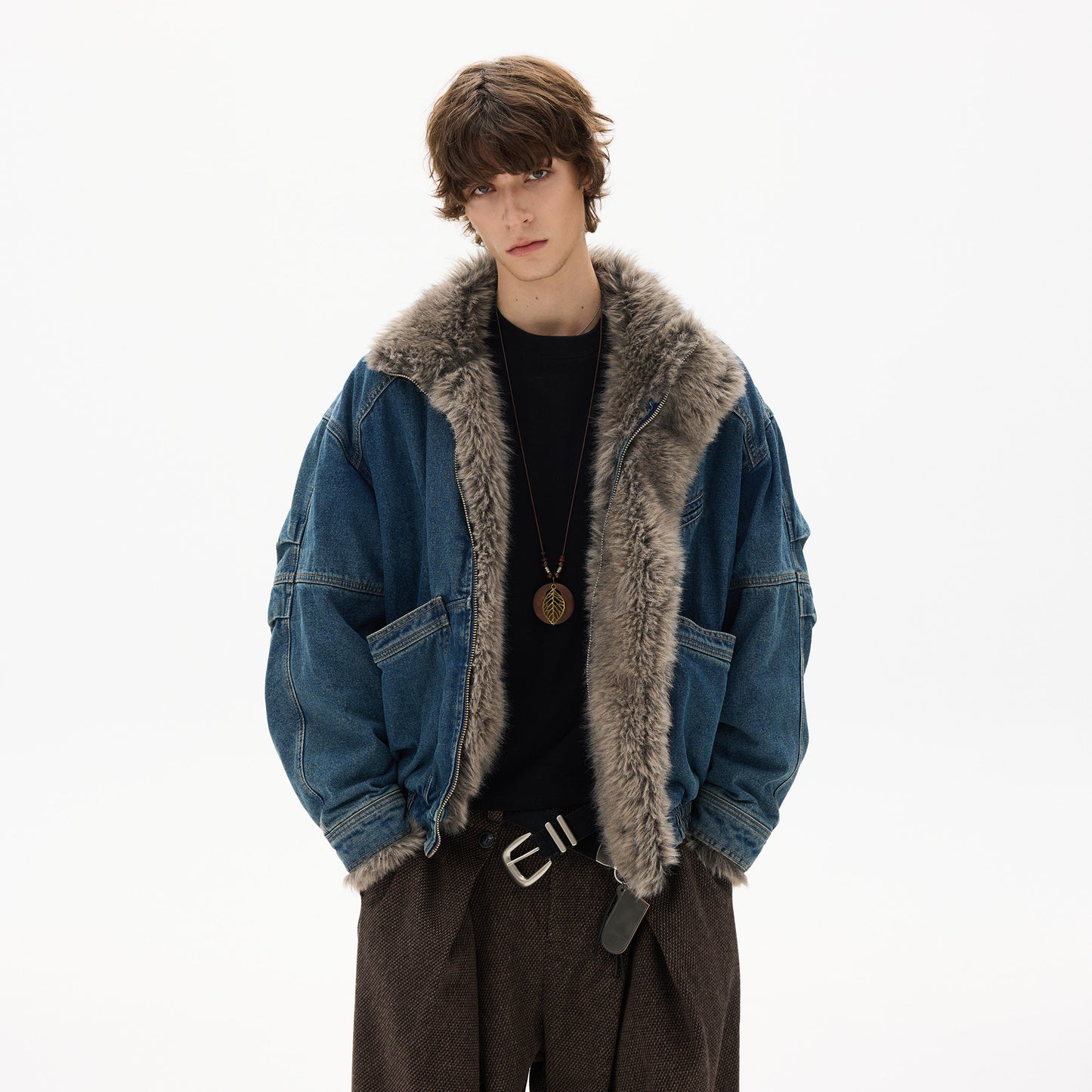 American Vintage Deconstructed Washed Denim Fur-Collar Jacket – Oversized Unisex Trucker Coat