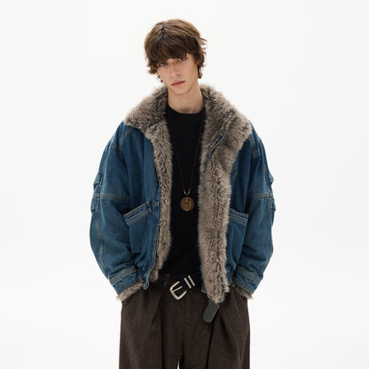 American Vintage Deconstructed Washed Denim Fur-Collar Jacket – Oversized Unisex Trucker Coat