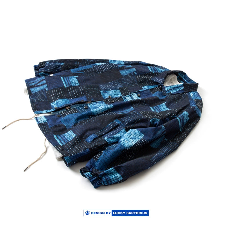 Indigo Old Cloth Sashiko Embroidery Loose Drop Shoulder Jacket