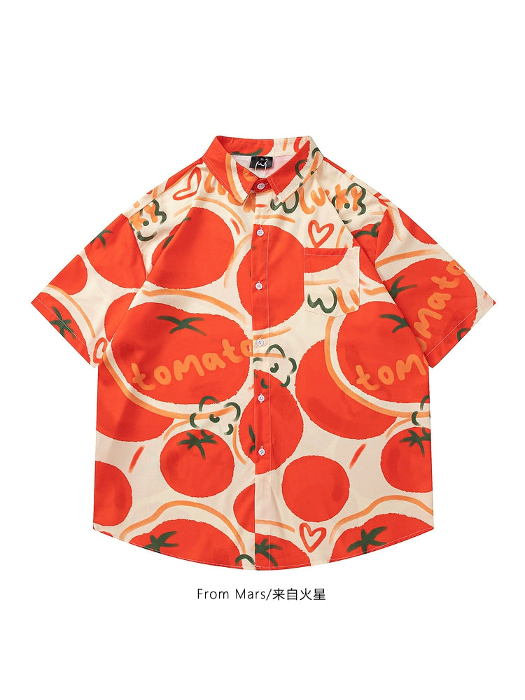 Harajuku wind ins red apricot color white shirt fruit full print lazy summer tide