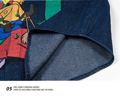 American retro fun cartoon jeans short-sleeved shirt men loose design sense niche shirt
