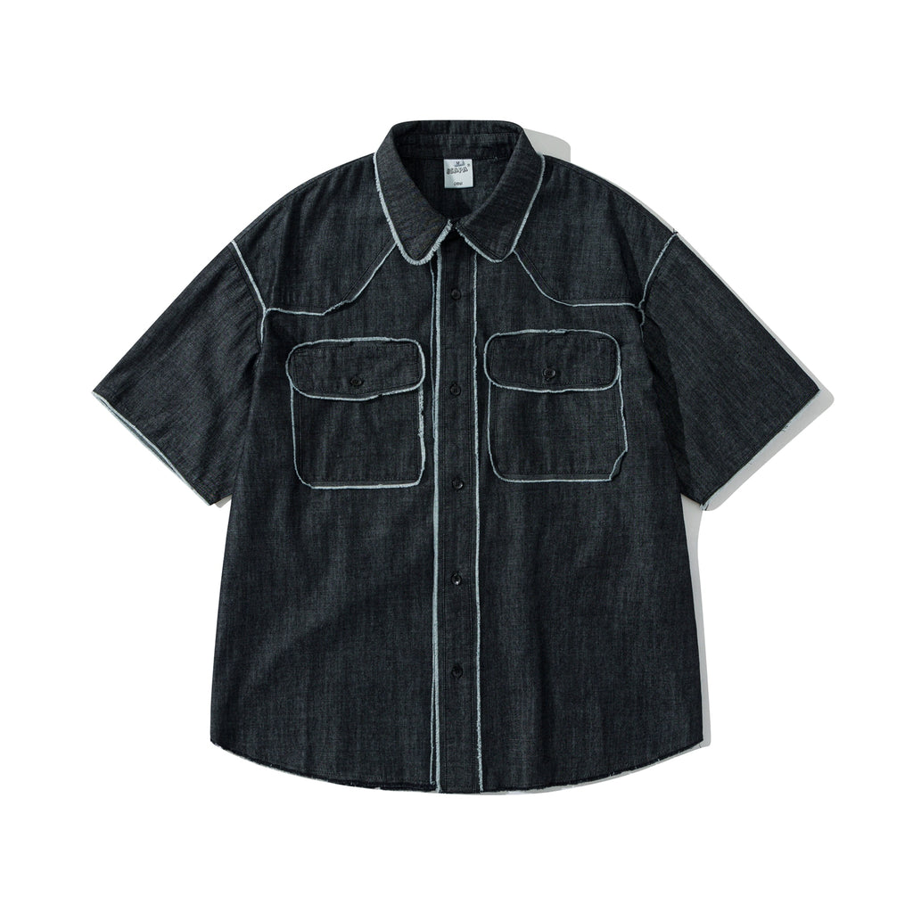 Spring/summer short-sleeved shirt men's linen tops with raw edges and pockets