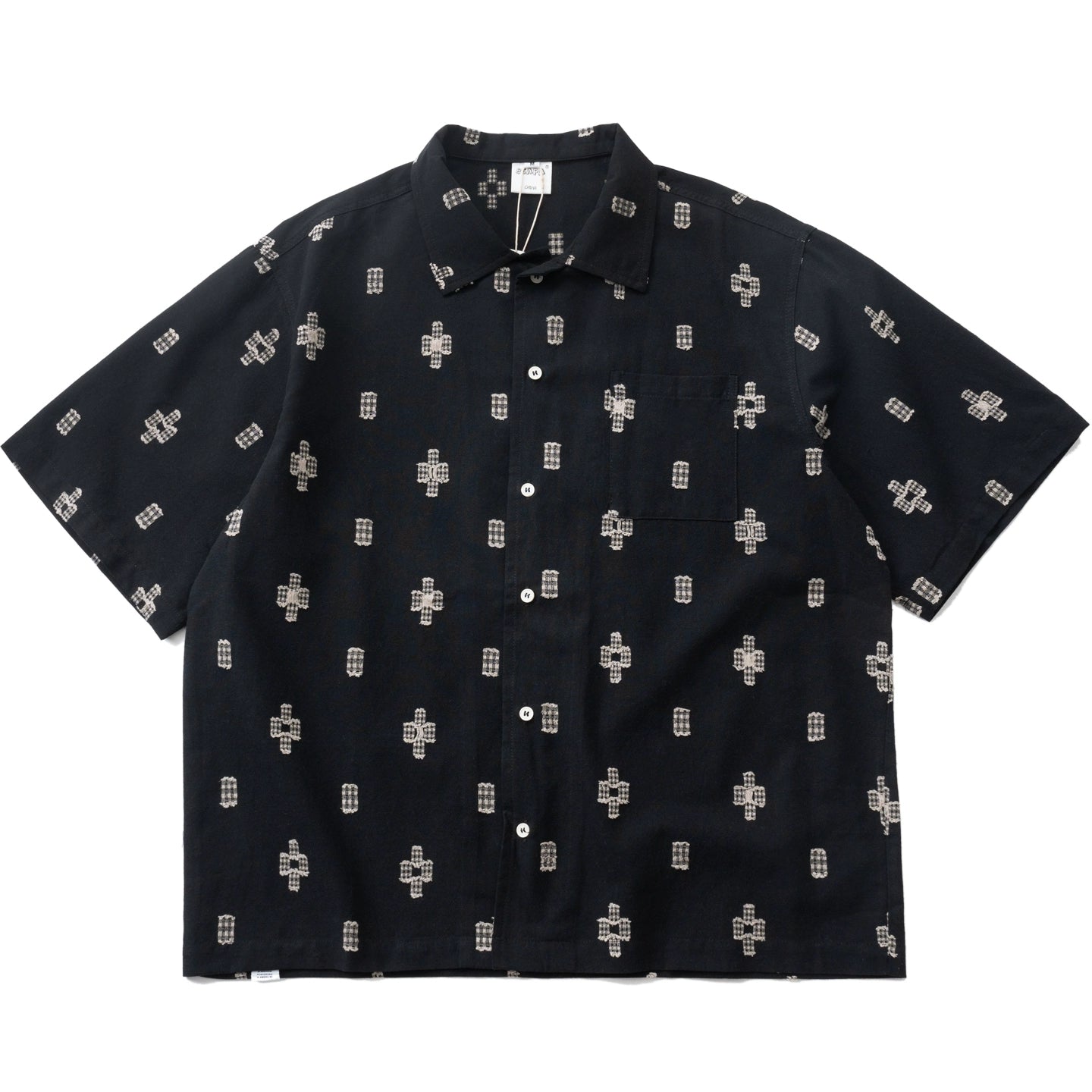 Japanese vintage geometric cut flower short sleeve shirt summer casual loose cuban collar short sleeve shirt jacket for men and women