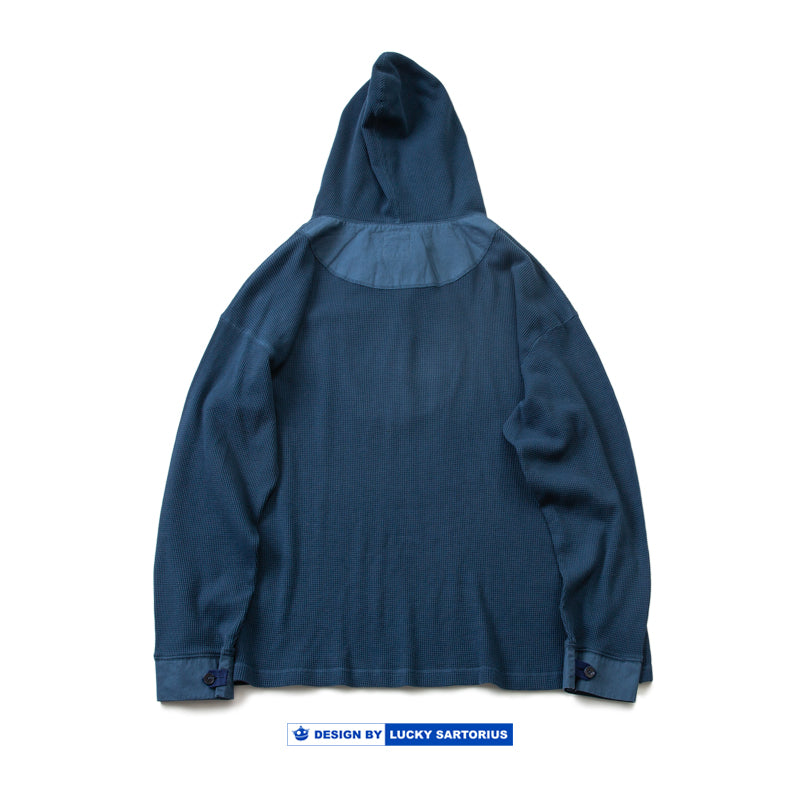 Japanese loose dropped shoulders slouchy wind indigo dyed waffle hooded sweatshirt men