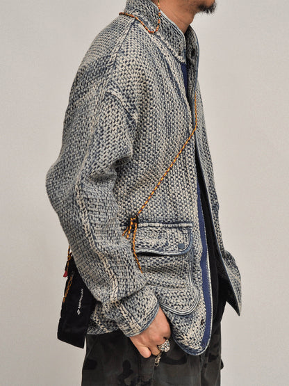 Textured Denim Jacket – Stand Collar & Bound Pockets
