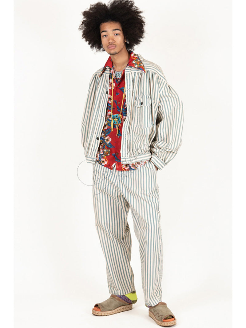 Japanese trend men's and women's cotton and linen striped breathable casual trousers