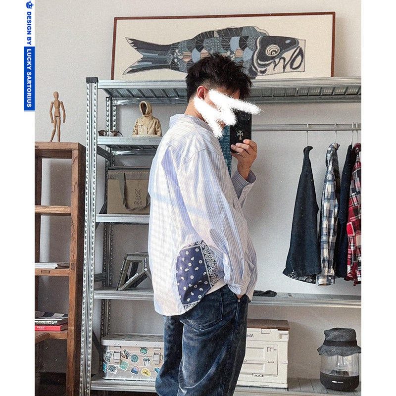 Japanese ethnic style cashew flower splicing casual long sleeve shirt