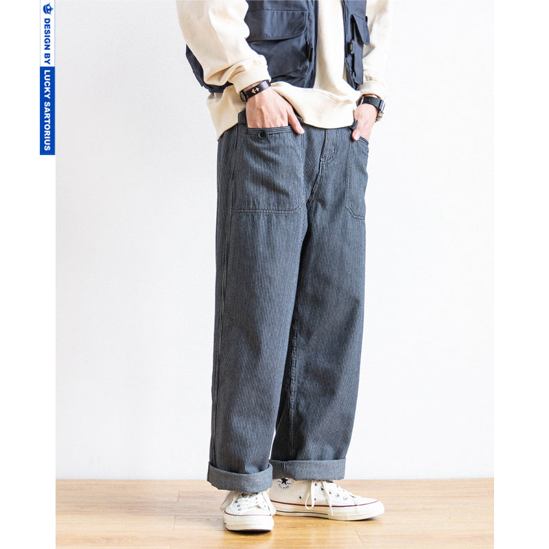 Japanese striped men's pants, trendy loose straight pants, retro wide-leg casual pants, cargo pants, men's and women's literary fan wide-leg pants