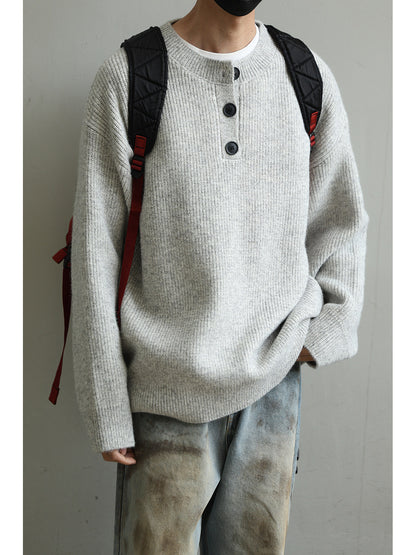 Retro Henley Knit Sweater – Lazy Style Crew Neck Men – Japanese vintage | yamalin clothes | Yamalinclothes