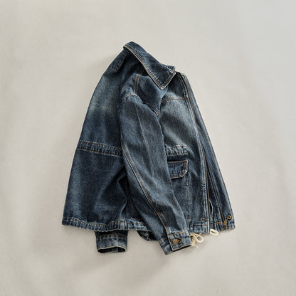 Heavyweight Washed Denim Jacket – Vintage Workwear Multi-Pocket Drawstring Coat