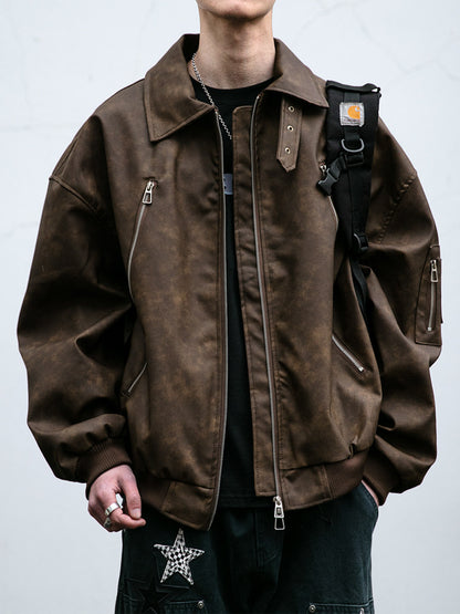 Double-Zip Stand-Collar PU Leather Jacket – Vintage Oversized Unisex