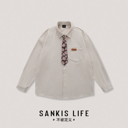 Vintage Neutral Waffle Knit Long Sleeve Shirt – Spring/Autumn Unisex Casual