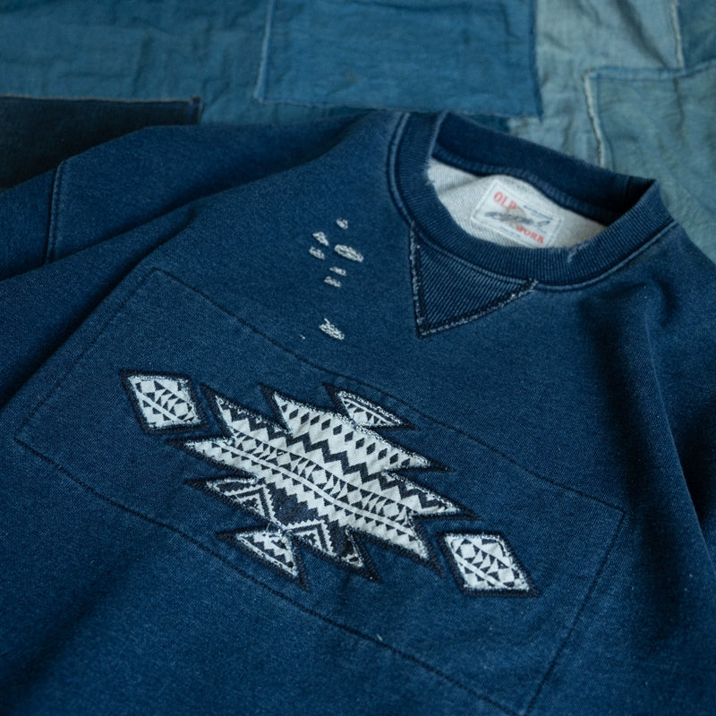 Japanese men's ethnic style patch indigo washed round neck pullover sweatshirt autumn and winter top men's and women's trend