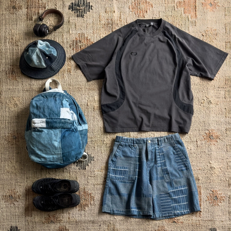 Summer menswear Japanese retro loose fit washed denim patchwork cargo shorts men's pants denim cropped pants men