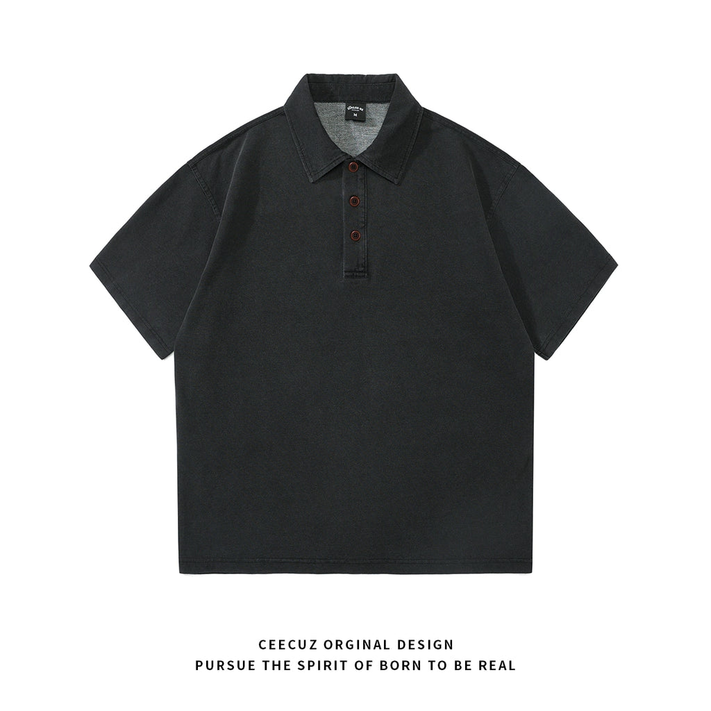 drape 250g terry knit polo shirt summer thin American lapel denim short sleeve T-shirt men