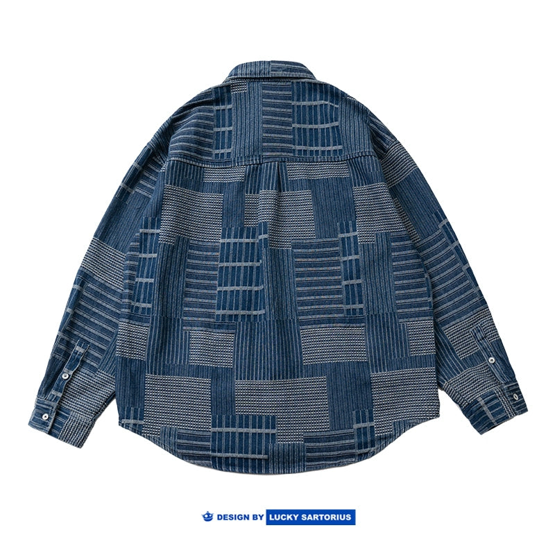 Japanese retro personality texture irregular plaid patchwork denim long-sleeved shirt men