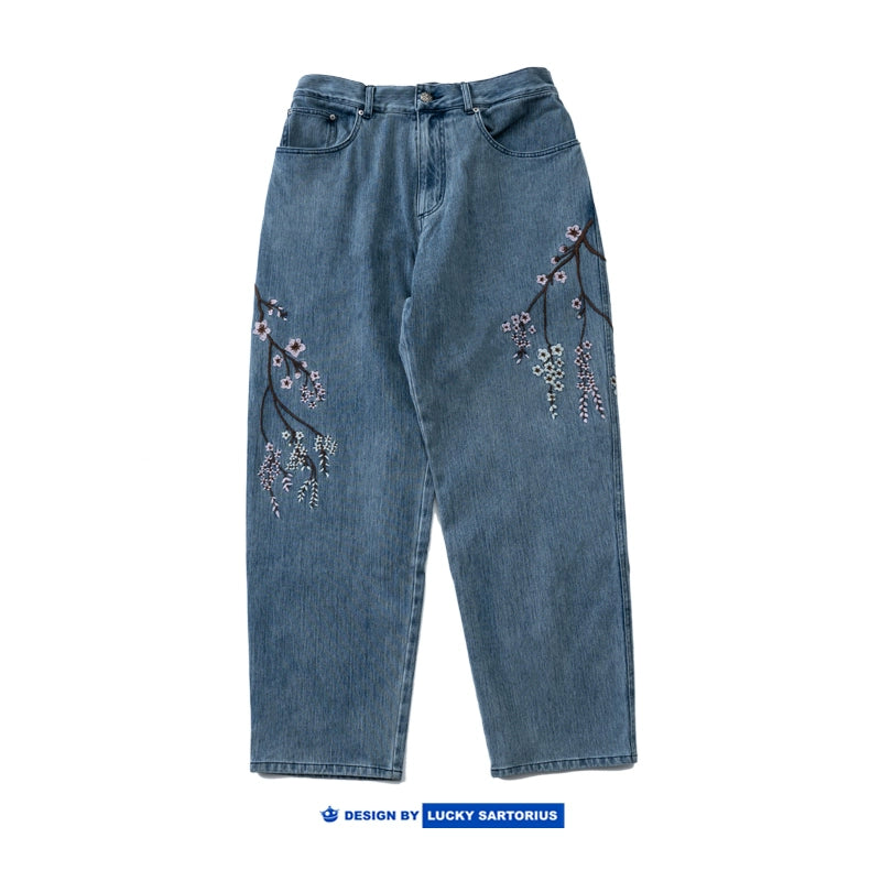 Plum Blossom Embroidery Skinny Washed Jeans