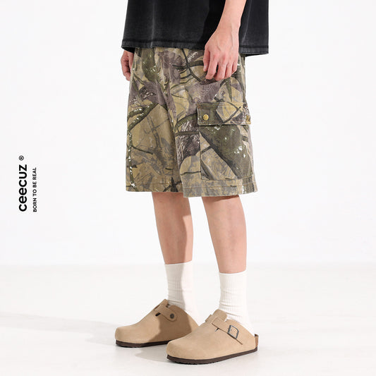 Dead Leaf Camouflage Cargo Shorts Men's Summer American Fashion Brand Loose Wide-Leg Medium Pants Casual Cropped Pants | Japanese vintage | yamalin clothes | Yamalinclothes