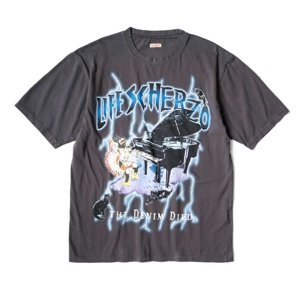 Japanese casual lightning print wash distressed crewneck short-sleeved T-shirt