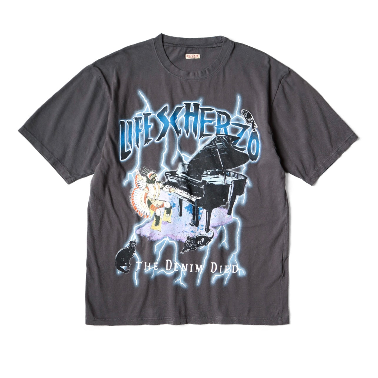 Japanese casual lightning print wash distressed crewneck short-sleeved T-shirt