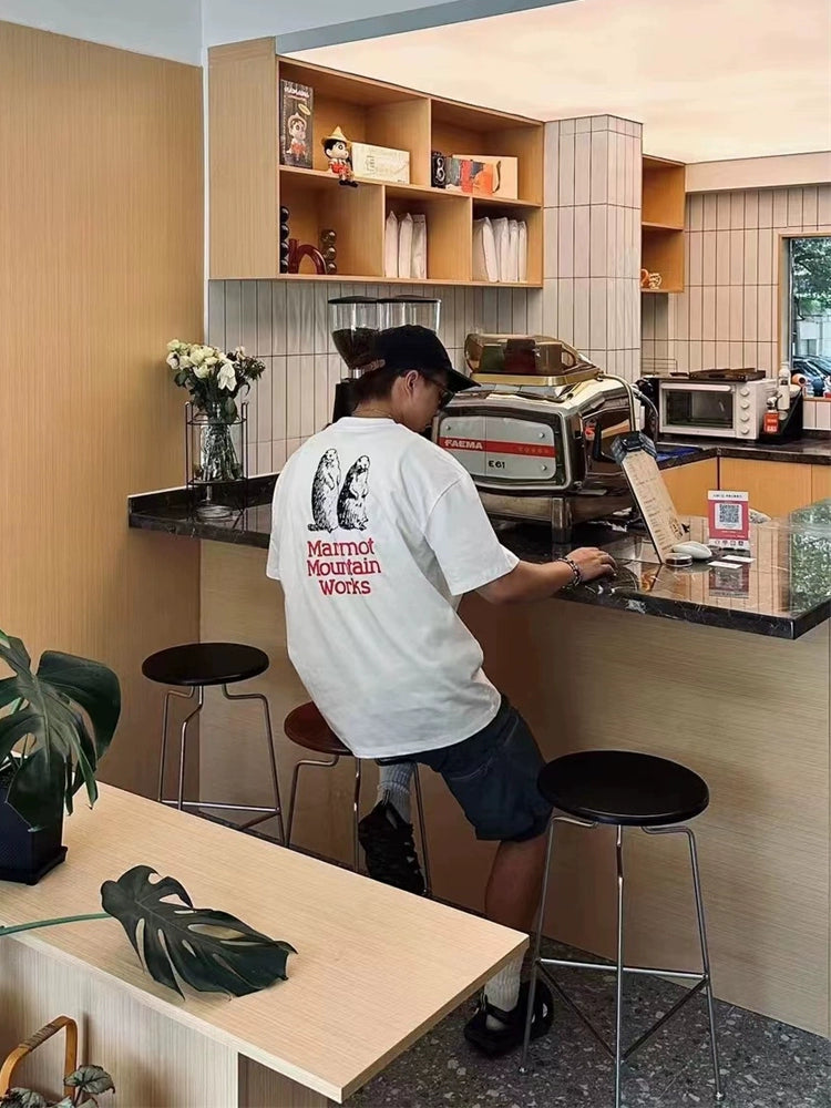 Joint groundhog print loose casual heavyweight short sleeve T-shirt for men