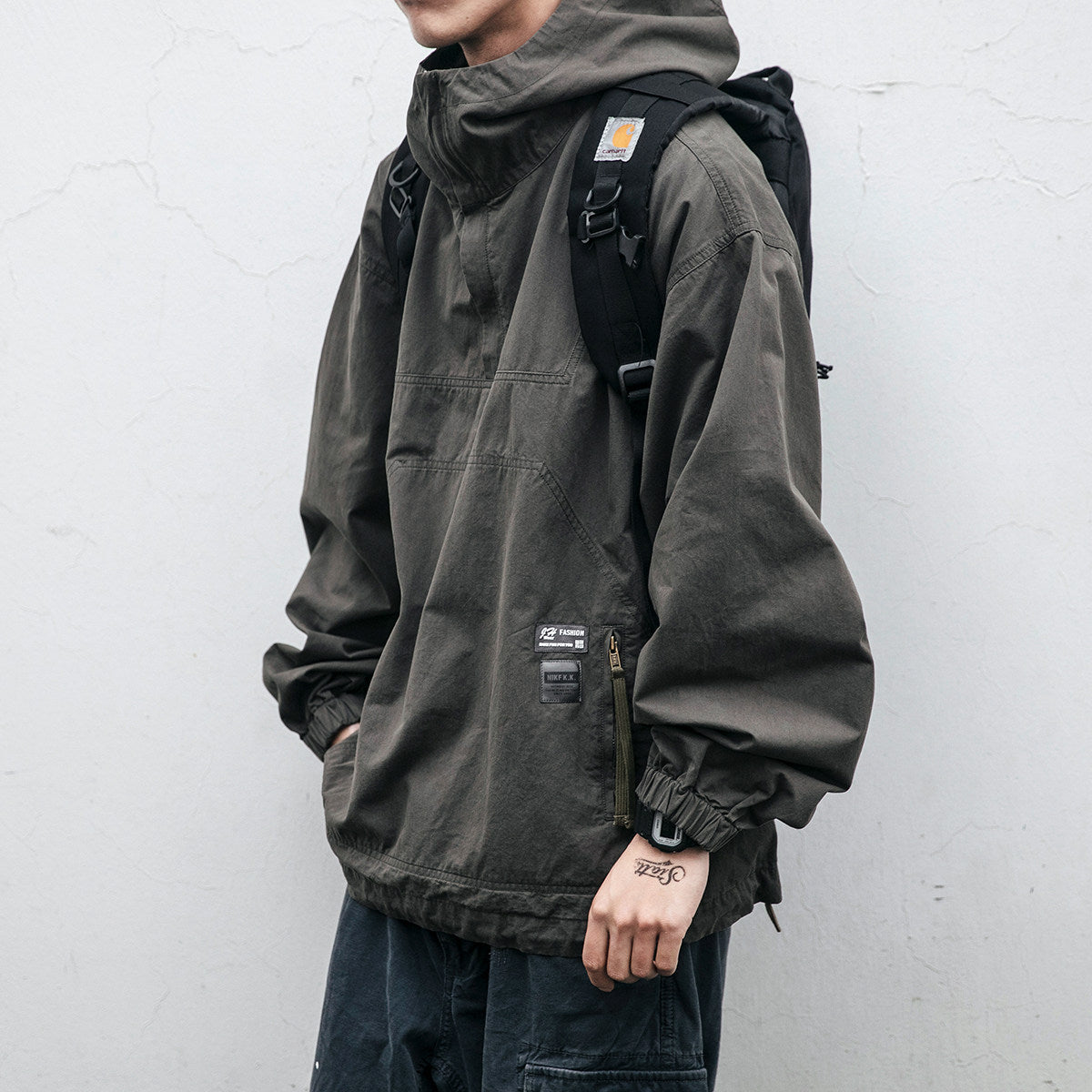 Washed Hooded Half-Zip Pullover Jacket – Japanese Vintage Oversized Unisex