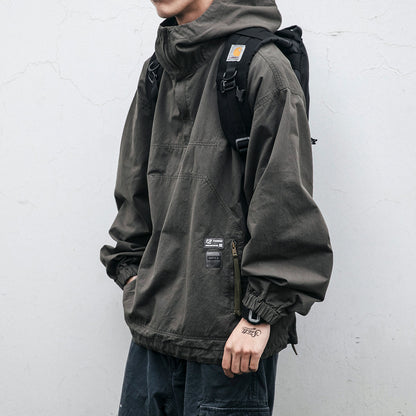 Washed Hooded Half-Zip Pullover Jacket – Japanese Vintage Oversized Unisex